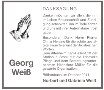 Traueranzeige von Georg Weiß von Pegnitz-Zeitung